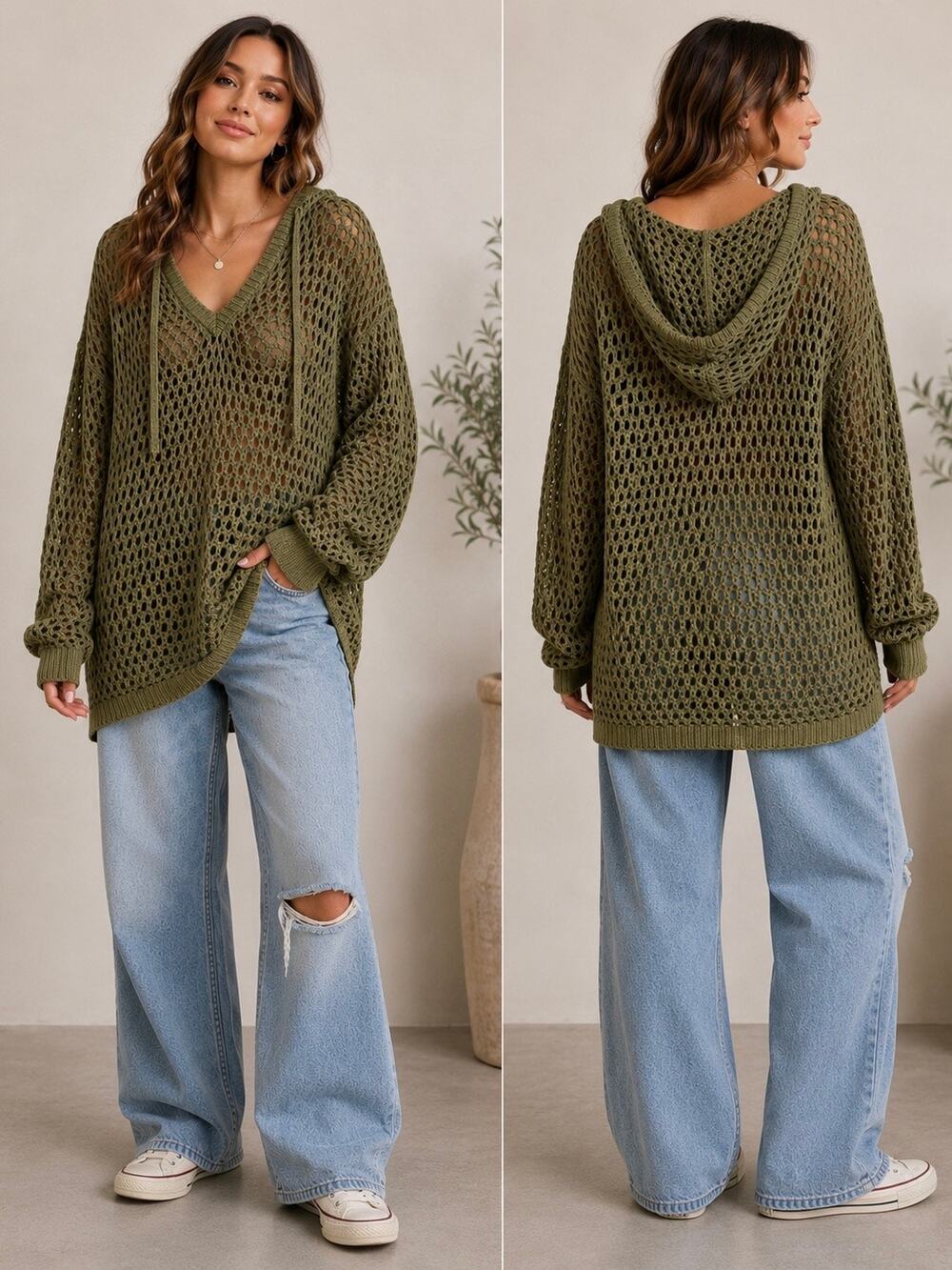 American Eagle Oversized Medium Olive Green Crochet Open Knit Hooded Sweater